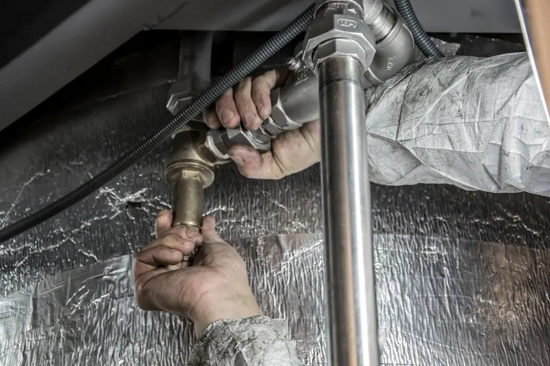 Handen monteren een metalen waterleiding met fittingen